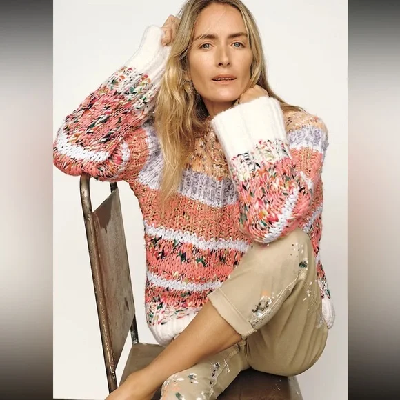 Anthropologie Kahlo Chunky Striped Jumper Sweater Alpaca Wool Blend Size Medium - Picture 4 of 11